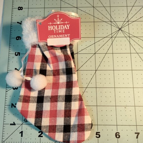 Holiday Time Black Red Checkered Faux Fur Mini Christmas Stocking Ornament Pom - Picture 3 of 3